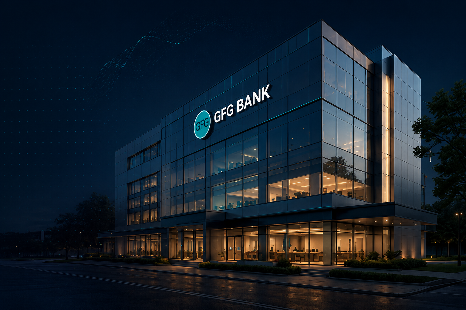 GFG Bank headquarters building at night